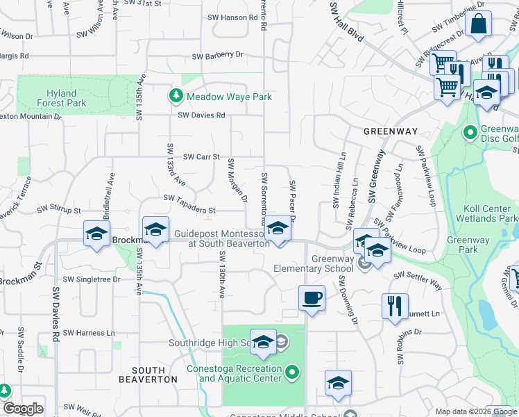 map of restaurants, bars, coffee shops, grocery stores, and more near 8825 Southwest Sorrento Road in Beaverton