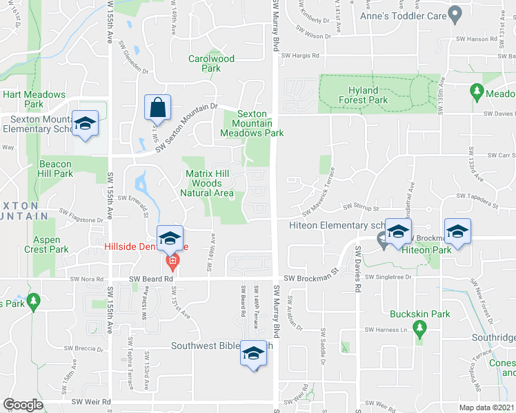 map of restaurants, bars, coffee shops, grocery stores, and more near 8800 Southwest 147th Terrace in Beaverton