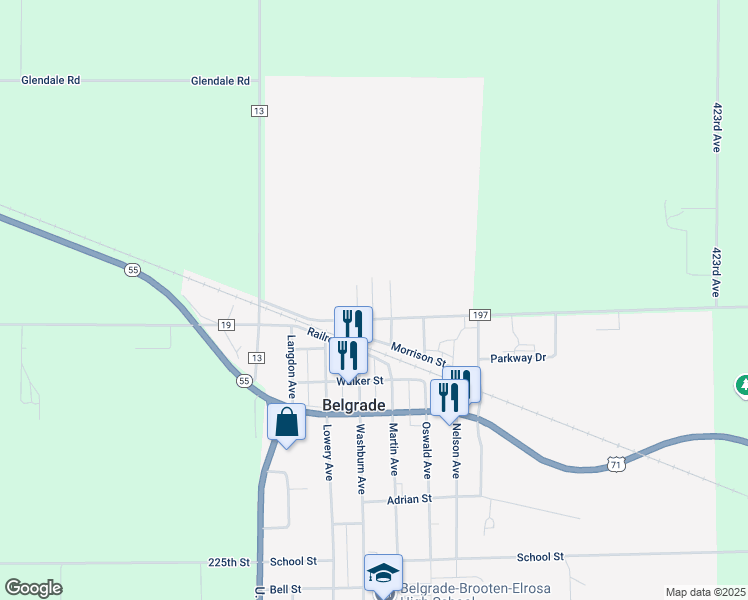 map of restaurants, bars, coffee shops, grocery stores, and more near 120 Washburn Avenue in Belgrade