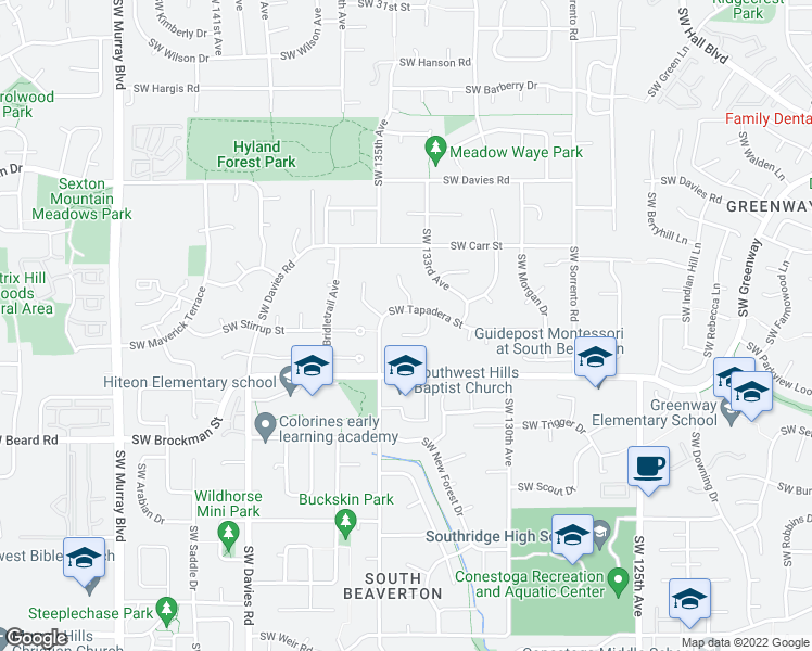 map of restaurants, bars, coffee shops, grocery stores, and more near 13405 Southwest Gallop Court in Beaverton