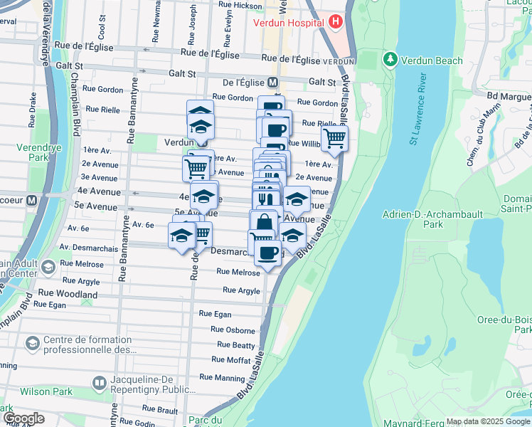 map of restaurants, bars, coffee shops, grocery stores, and more near 5001 Rue Wellington in Montréal