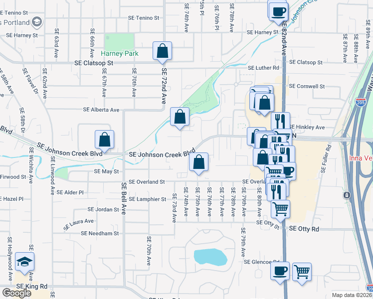 map of restaurants, bars, coffee shops, grocery stores, and more near 9220 Southeast 74th Avenue in Portland