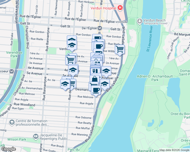 map of restaurants, bars, coffee shops, grocery stores, and more near in Montreal