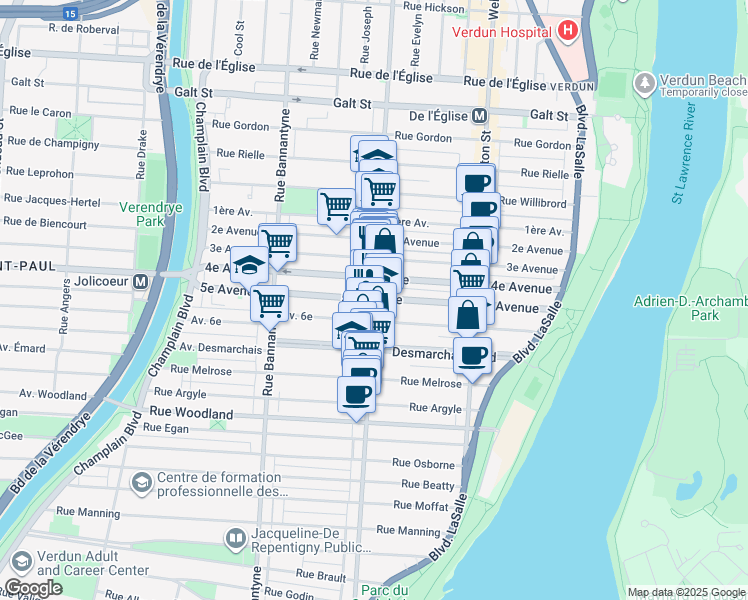 map of restaurants, bars, coffee shops, grocery stores, and more near 5e Avenue in Montréal