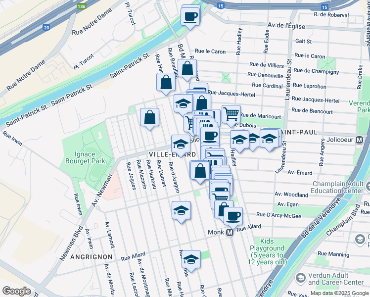 map of restaurants, bars, coffee shops, grocery stores, and more near 6220 Rue Hamilton in Montréal