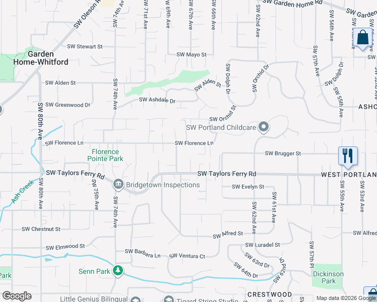 map of restaurants, bars, coffee shops, grocery stores, and more near 6736 SW Florence Ln in Portland