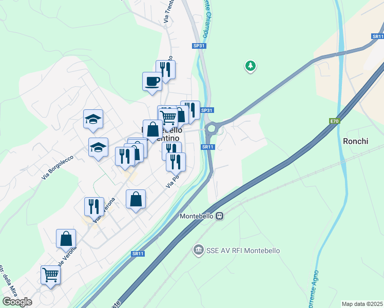 map of restaurants, bars, coffee shops, grocery stores, and more near 40 Via Po in Montebello Vicentino