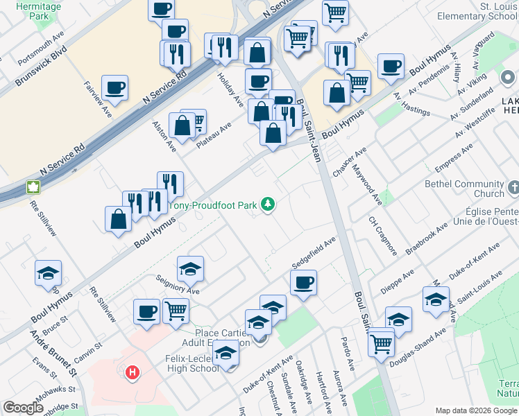 map of restaurants, bars, coffee shops, grocery stores, and more near 17 Avenue Gendron in Pointe-Claire