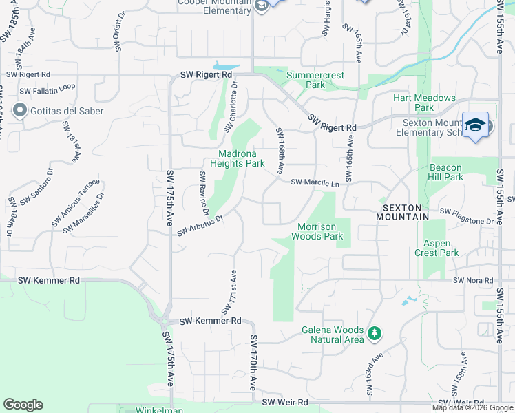 map of restaurants, bars, coffee shops, grocery stores, and more near 16860 Southwest Blackberry Lane in Beaverton