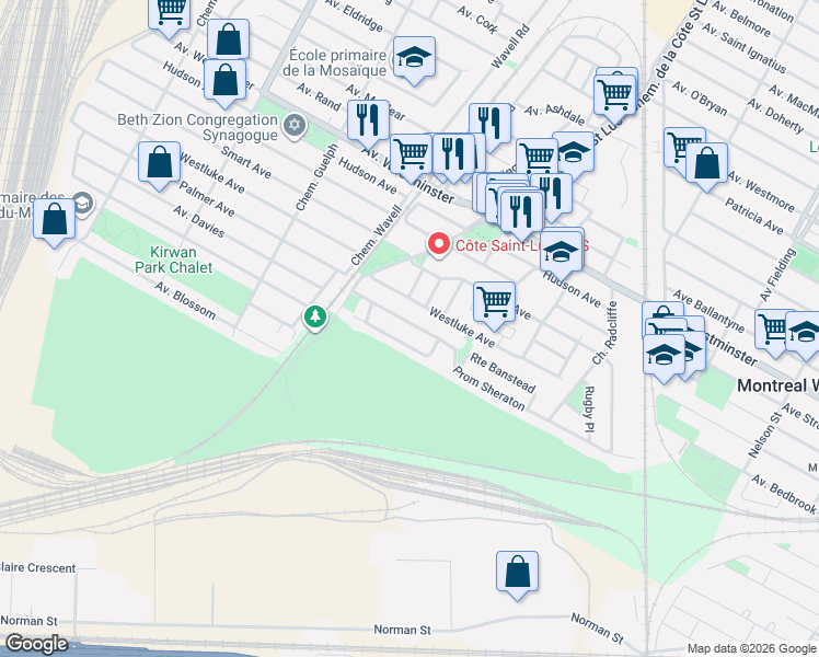map of restaurants, bars, coffee shops, grocery stores, and more near 258 Prom Sheraton in Montreal West