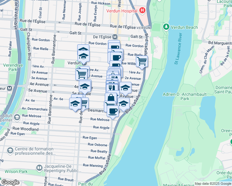 map of restaurants, bars, coffee shops, grocery stores, and more near 5001 Rue Wellington in Montréal