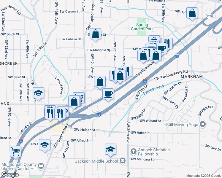 map of restaurants, bars, coffee shops, grocery stores, and more near 9570 Southwest Barbur Boulevard in Portland
