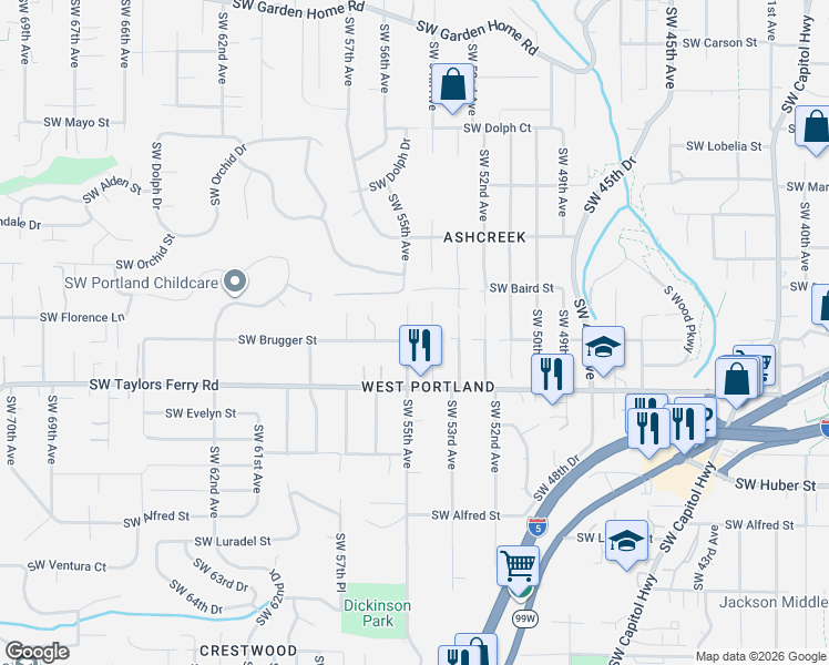 map of restaurants, bars, coffee shops, grocery stores, and more near 9606 Southwest 55th Avenue in Portland