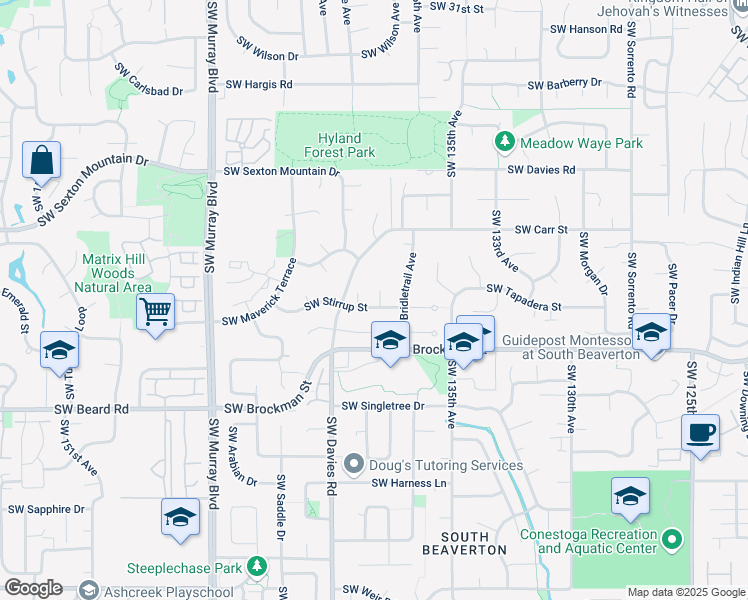 map of restaurants, bars, coffee shops, grocery stores, and more near 13750 Southwest Stirrup Street in Beaverton