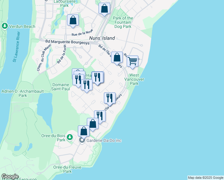 map of restaurants, bars, coffee shops, grocery stores, and more near 200 Rue Elgar in Montréal