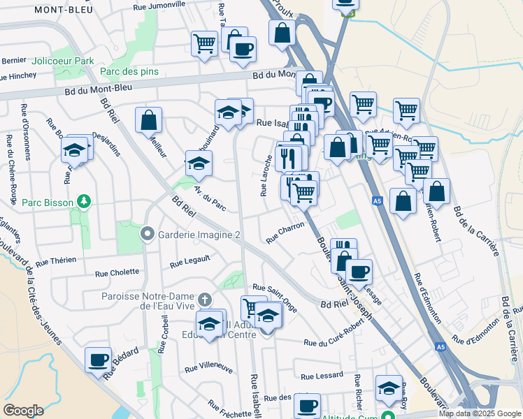 map of restaurants, bars, coffee shops, grocery stores, and more near 1 Rue Laroche in Gatineau