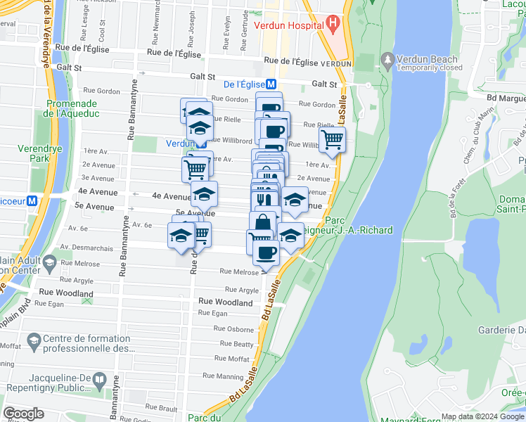 map of restaurants, bars, coffee shops, grocery stores, and more near 4939 Rue Wellington in Montréal