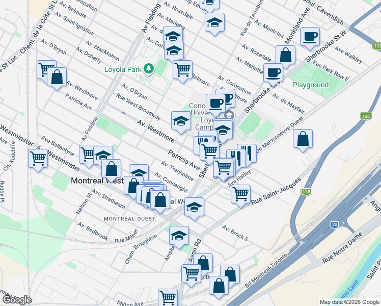 map of restaurants, bars, coffee shops, grocery stores, and more near 3484 Avenue Westmore in Montréal