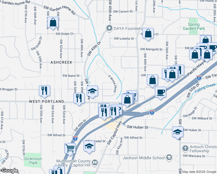 map of restaurants, bars, coffee shops, grocery stores, and more near 4521 Southwest Brugger Street in Portland