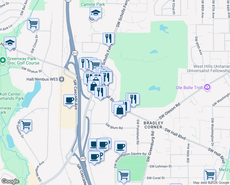map of restaurants, bars, coffee shops, grocery stores, and more near 8932 Southwest Fairview Place in Tigard