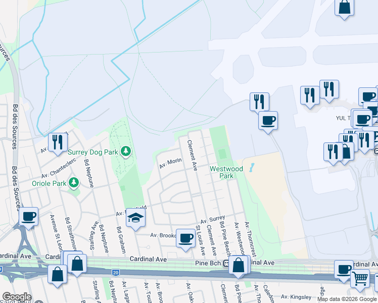 map of restaurants, bars, coffee shops, grocery stores, and more near 736 Avenue Clément in Dorval