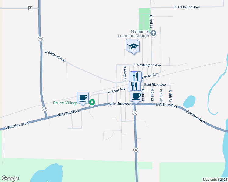 map of restaurants, bars, coffee shops, grocery stores, and more near 326 West River Avenue in Bruce