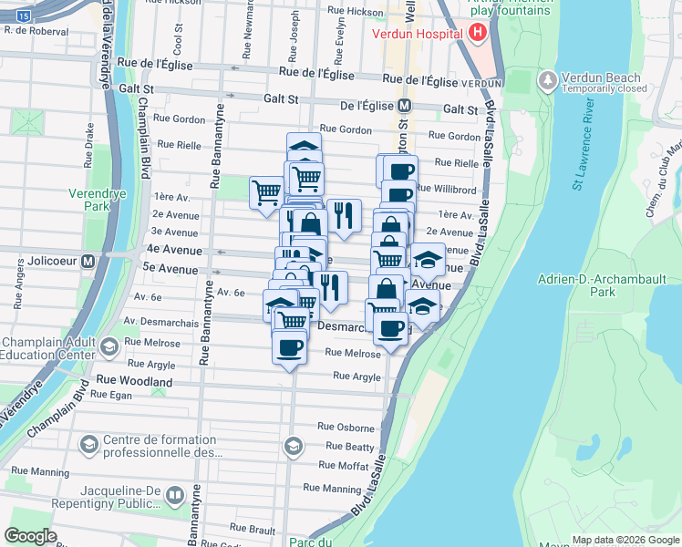 map of restaurants, bars, coffee shops, grocery stores, and more near 413 5e Avenue in Montréal