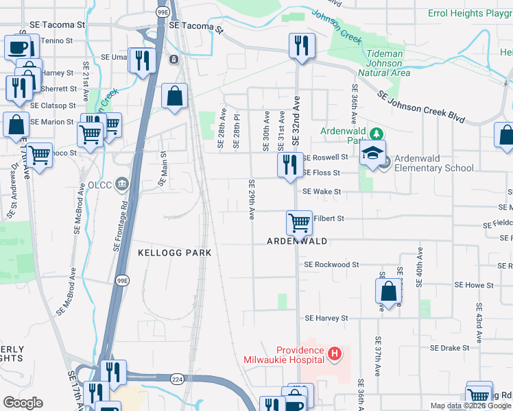 map of restaurants, bars, coffee shops, grocery stores, and more near 2908 Southeast Malcolm Street in Milwaukie