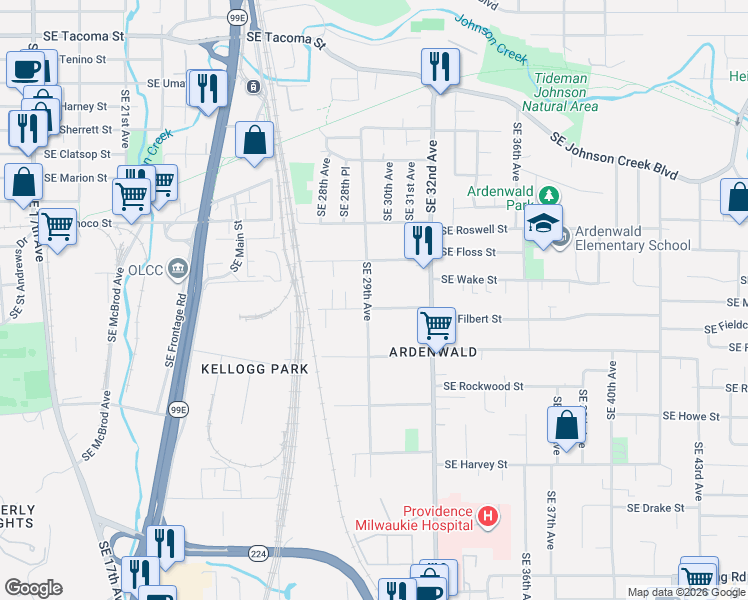 map of restaurants, bars, coffee shops, grocery stores, and more near 2907 Southeast Malcolm Street in Milwaukie