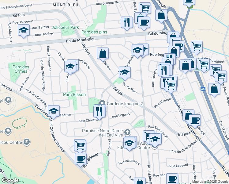 map of restaurants, bars, coffee shops, grocery stores, and more near in Gatineau