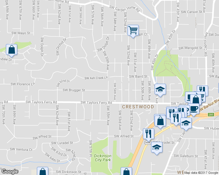 map of restaurants, bars, coffee shops, grocery stores, and more near 9530 Southwest 55th Avenue in Portland