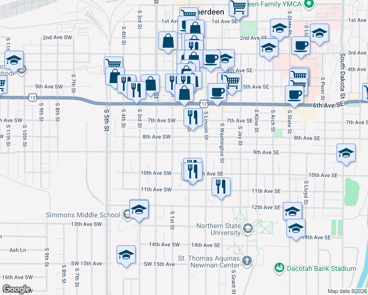 map of restaurants, bars, coffee shops, grocery stores, and more near 7 9th Avenue Southwest in Aberdeen
