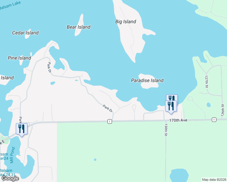 map of restaurants, bars, coffee shops, grocery stores, and more near 124 Peterson Trail in Balsam Lake