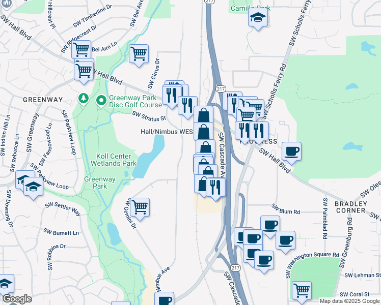 map of restaurants, bars, coffee shops, grocery stores, and more near 8880-8900 SW Nimbus Ave in Beaverton