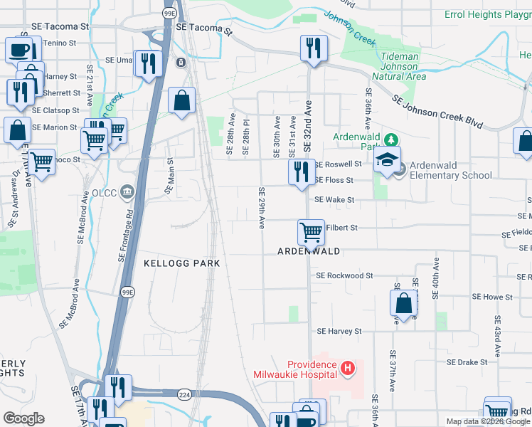 map of restaurants, bars, coffee shops, grocery stores, and more near 2908 Southeast Malcolm Street in Milwaukie