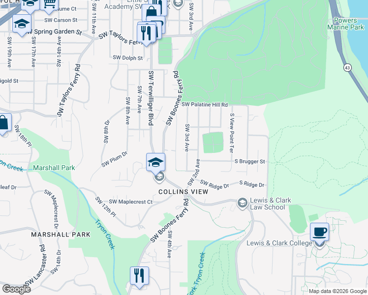 map of restaurants, bars, coffee shops, grocery stores, and more near 9521 Southwest 3rd Avenue in Portland