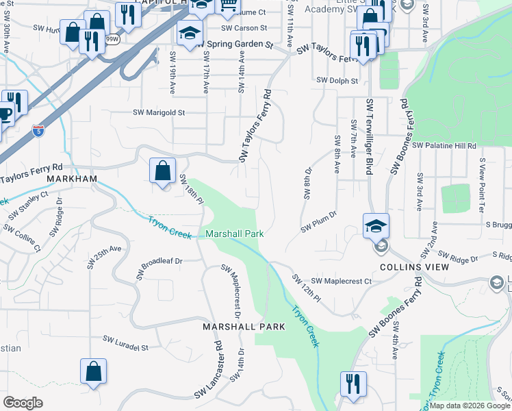 map of restaurants, bars, coffee shops, grocery stores, and more near 9501 Southwest 12th Drive in Portland