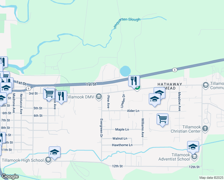 map of restaurants, bars, coffee shops, grocery stores, and more near 3509 3rd Street in Tillamook