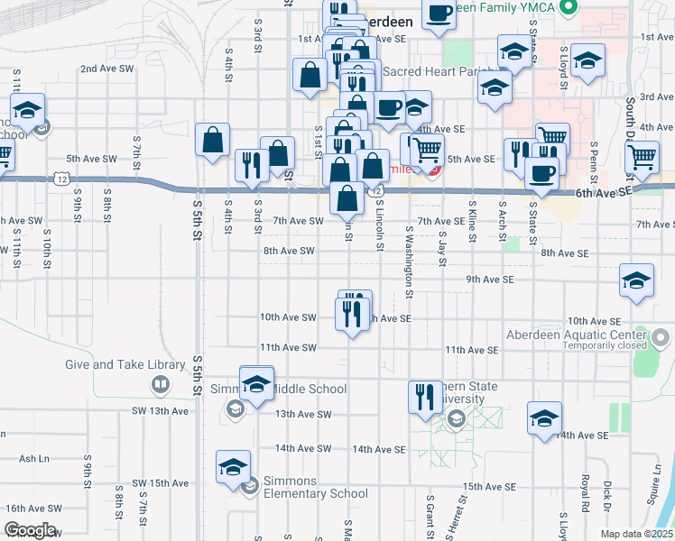 map of restaurants, bars, coffee shops, grocery stores, and more near 7 9th Avenue Southwest in Aberdeen