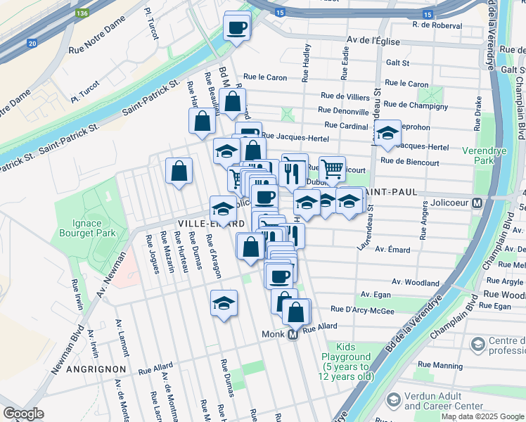 map of restaurants, bars, coffee shops, grocery stores, and more near 6234 Boulevard Monk in Montréal
