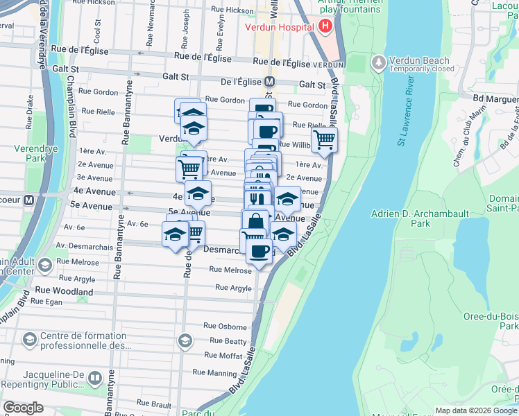 map of restaurants, bars, coffee shops, grocery stores, and more near 4939 Rue Wellington in Montréal