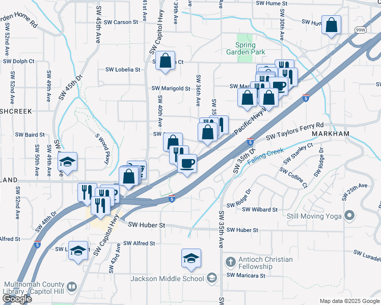 map of restaurants, bars, coffee shops, grocery stores, and more near 9570 Southwest Barbur Boulevard in Portland