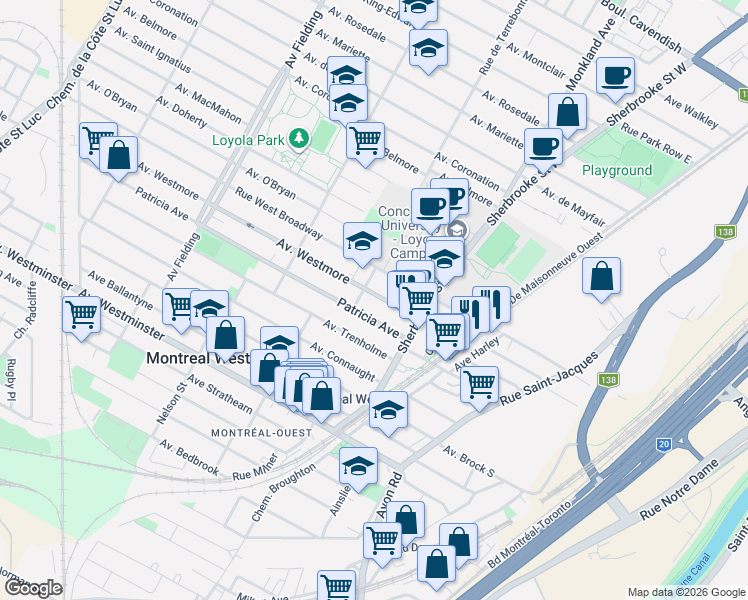 map of restaurants, bars, coffee shops, grocery stores, and more near 3502 Avenue Westmore in Montréal