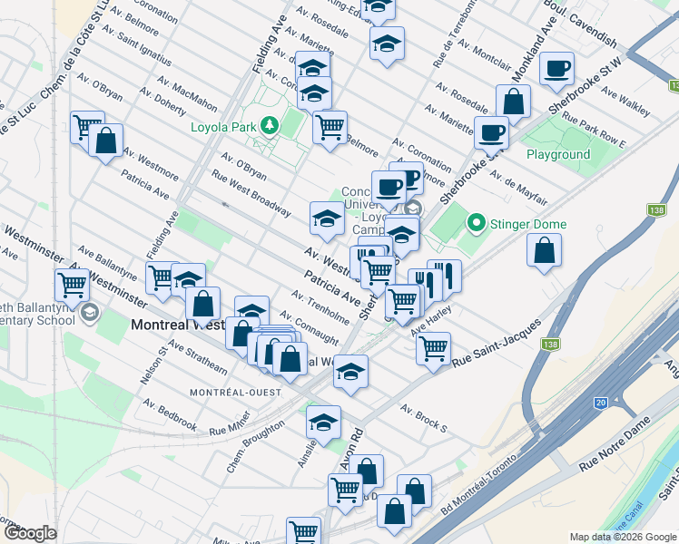 map of restaurants, bars, coffee shops, grocery stores, and more near 3502 Avenue Westmore in Montréal