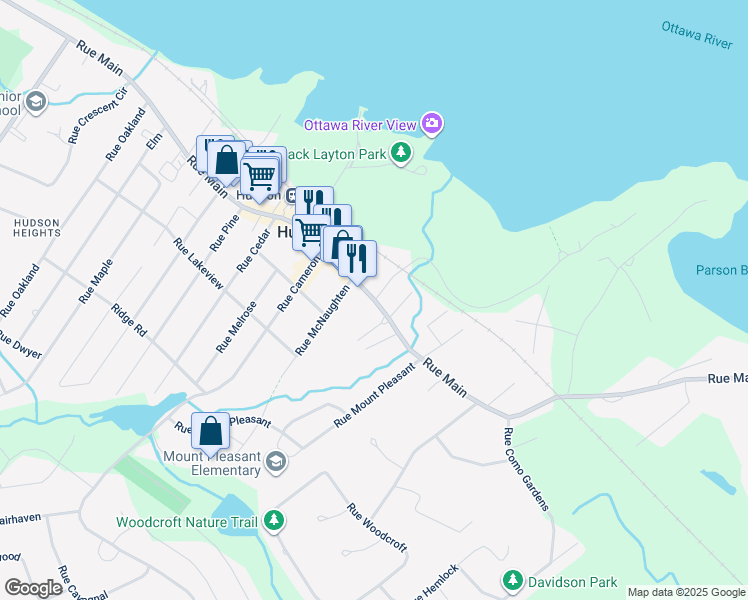 map of restaurants, bars, coffee shops, grocery stores, and more near 393 Rue Main in Hudson