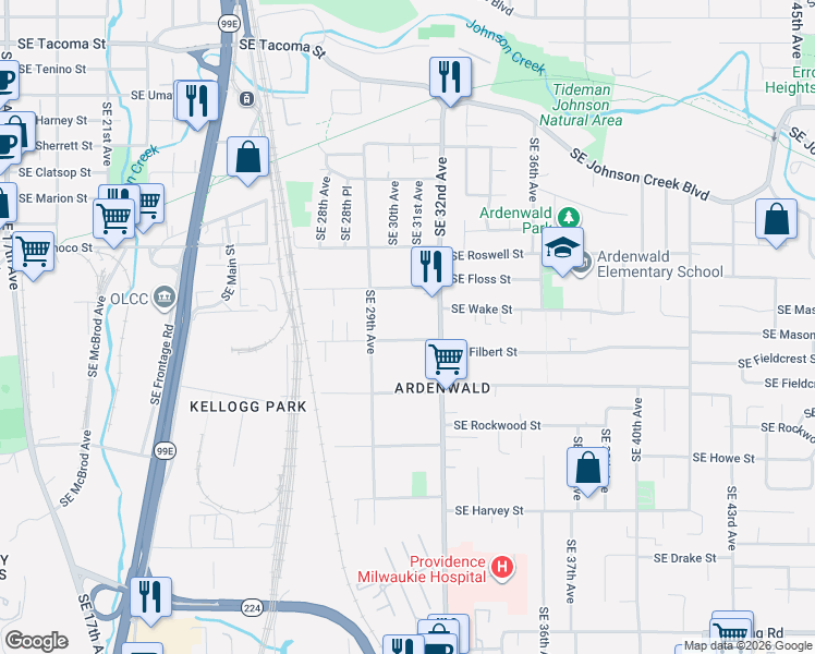 map of restaurants, bars, coffee shops, grocery stores, and more near 3040 Southeast Malcolm Street in Milwaukie