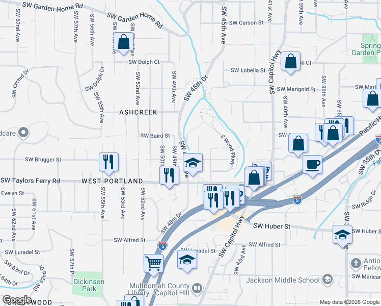 map of restaurants, bars, coffee shops, grocery stores, and more near 9607 Southwest 47th Avenue in Portland
