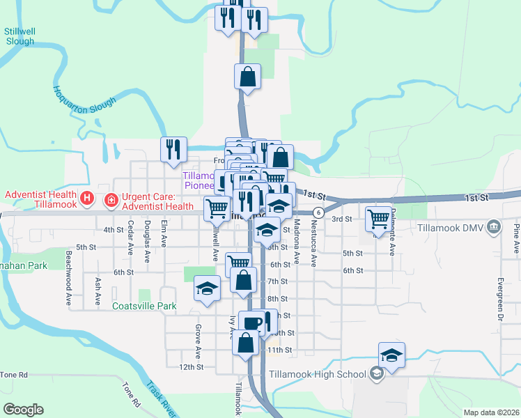 map of restaurants, bars, coffee shops, grocery stores, and more near 2106 3rd Street in Tillamook