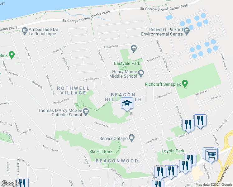 map of restaurants, bars, coffee shops, grocery stores, and more near 2383 Ogilvie Road in Ottawa