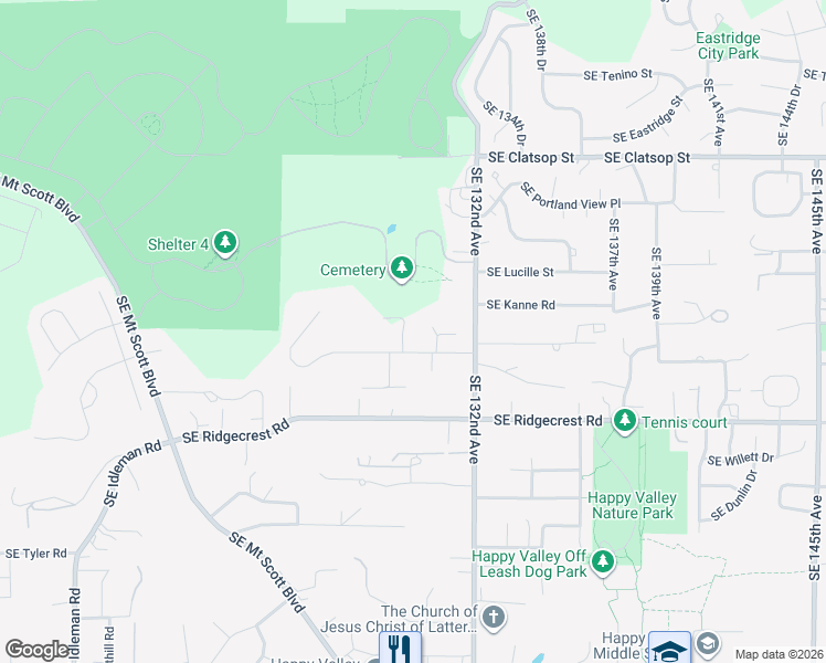 map of restaurants, bars, coffee shops, grocery stores, and more near 12925 Southeast Callahan Road in Happy Valley